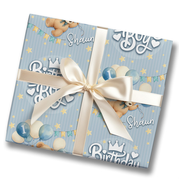 Personalised Wrapping Paper Kids Birthday Grey Blue Teddy Bear Custom Gift Wrap