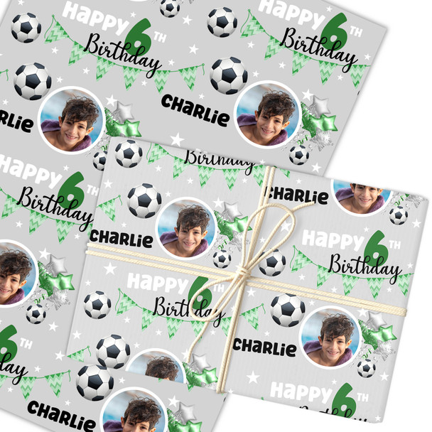 Personalised Wrapping Paper Kids Birthday Grey Photo Football Custom Gift Wrap