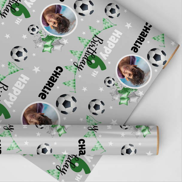 Personalised Wrapping Paper Kids Birthday Grey Photo Football Custom Gift Wrap