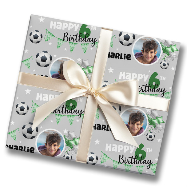 Personalised Wrapping Paper Kids Birthday Grey Photo Football Custom Gift Wrap