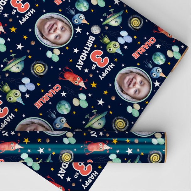 Personalised Wrapping Paper Kids Birthday Aliens Space Photo Custom Gift-Wrap
