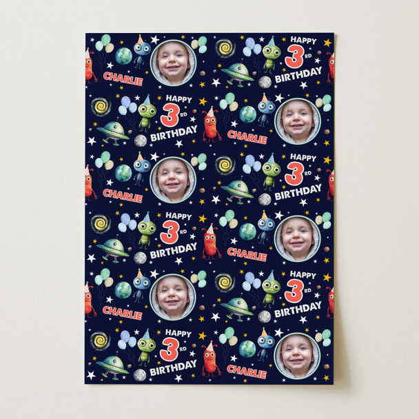 Personalised Wrapping Paper Kids Birthday Aliens Space Photo Custom Gift-Wrap