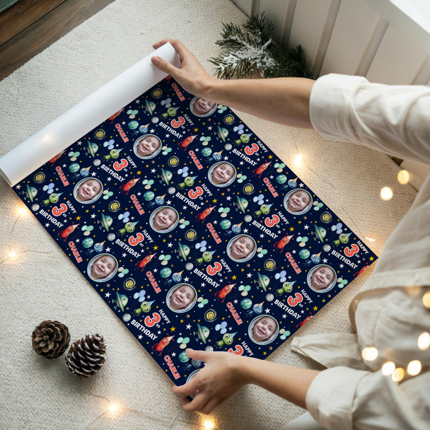 Personalised Wrapping Paper Kids Birthday Aliens Space Photo Custom Gift-Wrap