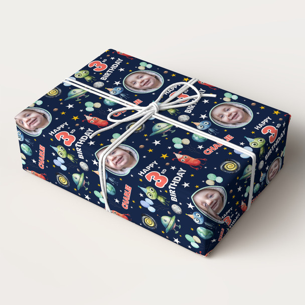 Personalised Wrapping Paper Kids Birthday Aliens Space Photo Custom Gift-Wrap