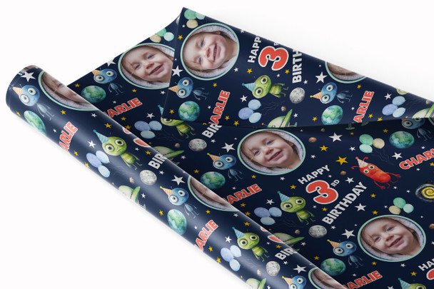 Personalised Wrapping Paper Kids Birthday Aliens Space Photo Custom Gift-Wrap