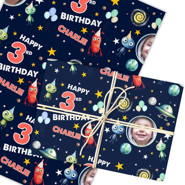 Personalised Wrapping Paper Kids Birthday Aliens Space Photo Custom Gift Wrap