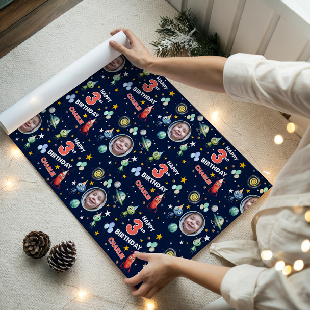 Personalised Wrapping Paper Kids Birthday Aliens Space Photo Custom Gift Wrap