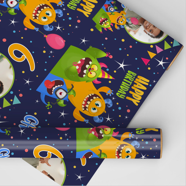 Personalised Wrapping Paper Kids Birthday Navy Monsters Photo Custom Gift Wrap