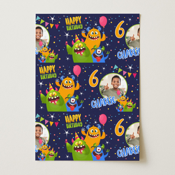 Personalised Wrapping Paper Kids Birthday Navy Monsters Photo Custom Gift Wrap