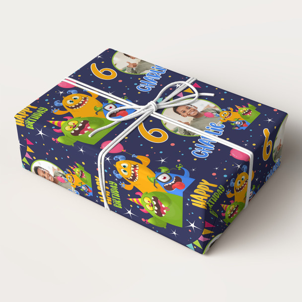 Personalised Wrapping Paper Kids Birthday Navy Monsters Photo Custom Gift Wrap
