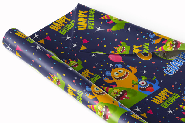 Personalised Wrapping Paper Kids Birthday Navy Monsters Photo Custom Gift Wrap