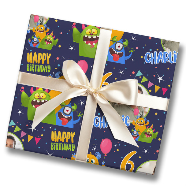 Personalised Wrapping Paper Kids Birthday Navy Monsters Photo Custom Gift Wrap