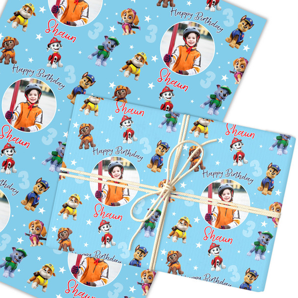 Personalised Wrapping Paper Kids Birthday Paw Patrol Blue Photo Custom Gift Wrap