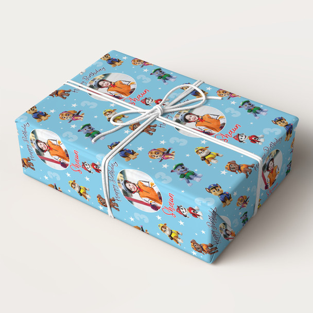 Personalised Wrapping Paper Kids Birthday Paw Patrol Blue Photo Custom Gift Wrap