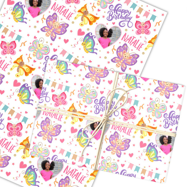 Personalised Wrapping Paper Kids Birthday Photo Butterflies Custom Gift Wrap