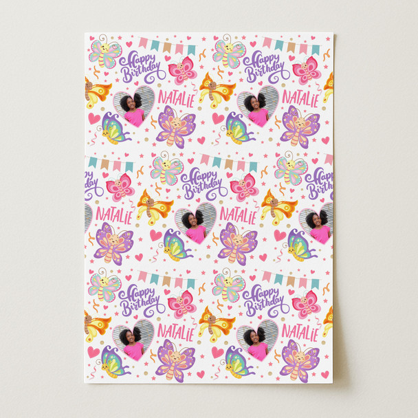 Personalised Wrapping Paper Kids Birthday Photo Butterflies Custom Gift Wrap