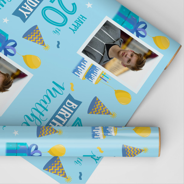 Personalised Wrapping Paper 20th Birthday Blue Photo Boys Custom Gift Wrap