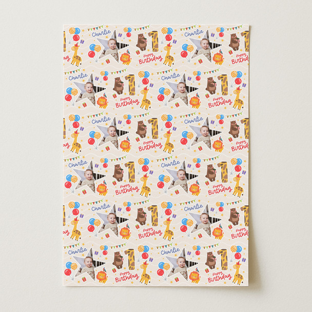 Personalised Wrapping Paper Kids Birthday Photo Safari Animals Custom Gift Wrap