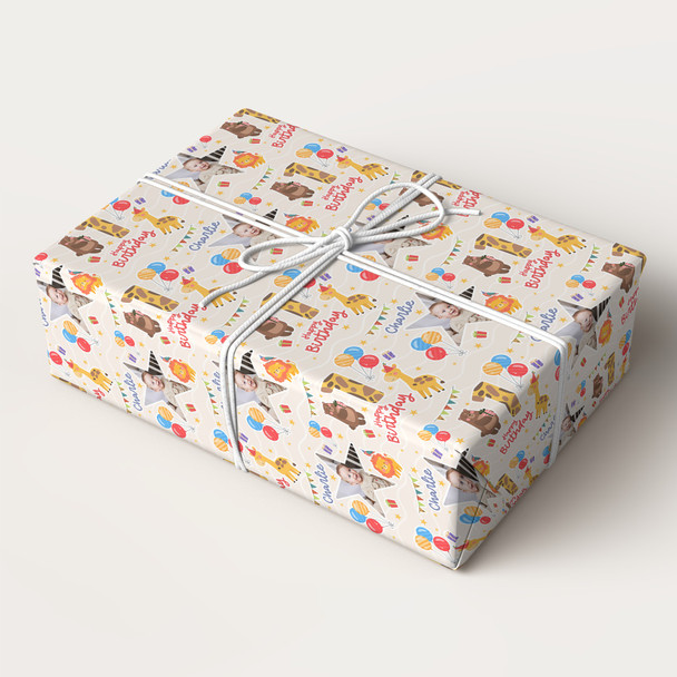 Personalised Wrapping Paper Kids Birthday Photo Safari Animals Custom Gift Wrap