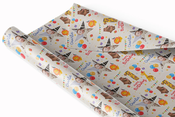 Personalised Wrapping Paper Kids Birthday Photo Safari Animals Custom Gift Wrap