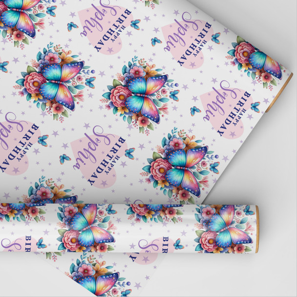 Personalised Wrapping Paper Kids Birthday Pink & Butterflies Custom Gift Wrap