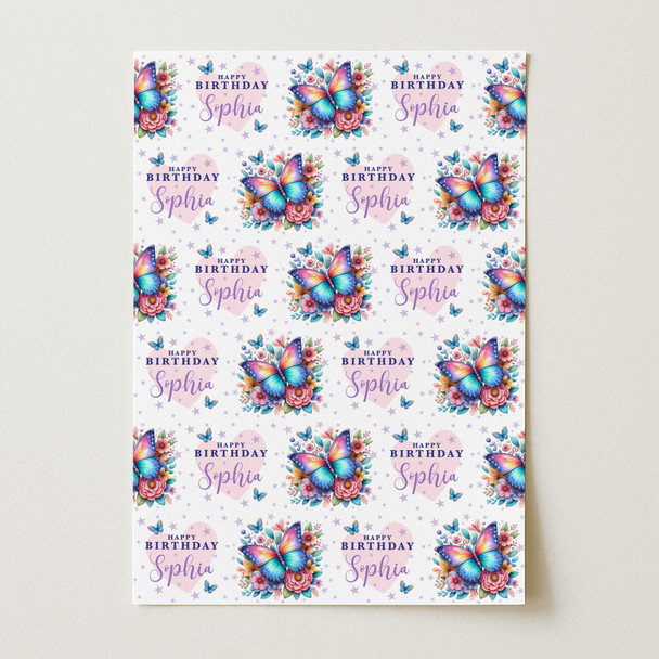 Personalised Wrapping Paper Kids Birthday Pink & Butterflies Custom Gift Wrap