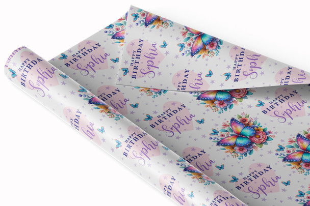 Personalised Wrapping Paper Kids Birthday Pink & Butterflies Custom Gift Wrap