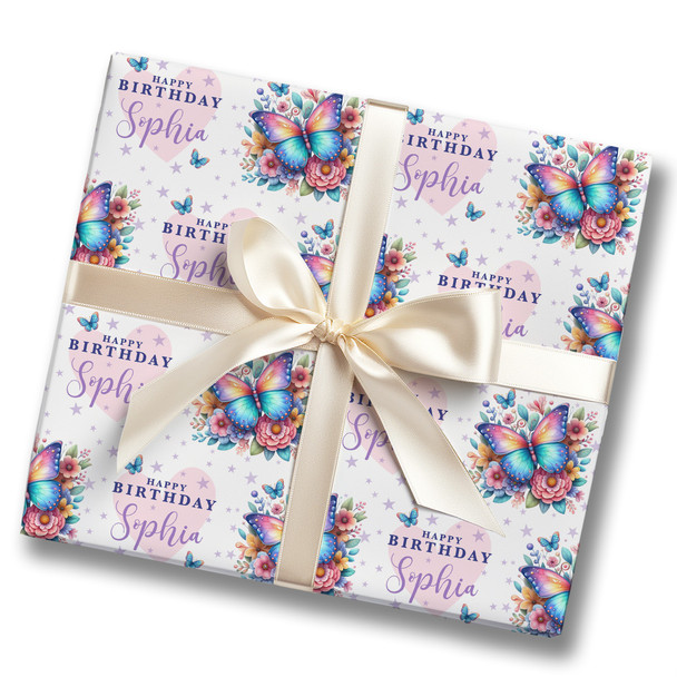 Personalised Wrapping Paper Kids Birthday Pink & Butterflies Custom Gift Wrap
