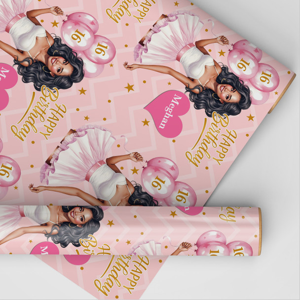 Personalised Wrapping Paper Kids Birthday Pink & Gold Girls Custom Gift Wrap