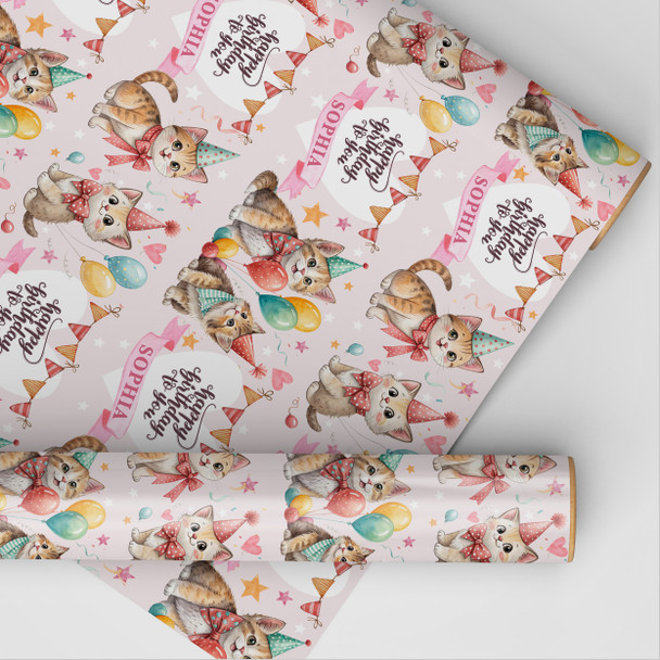 Personalised Wrapping Paper Kids Birthday Pink Cats Girls Custom Gift Wrap