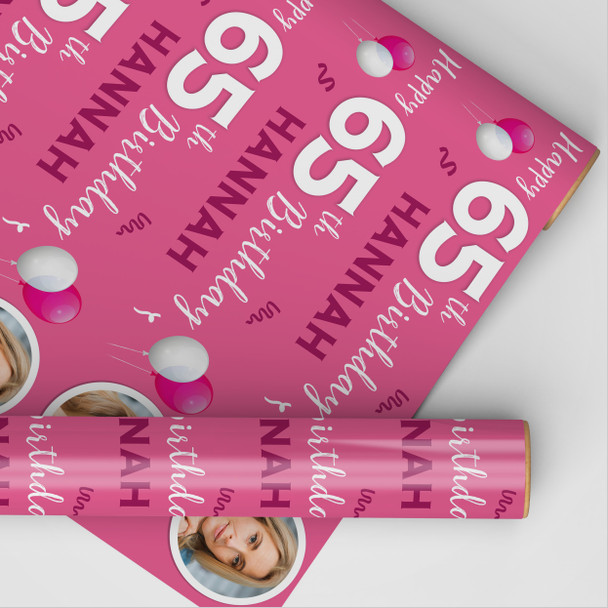 Personalised Wrapping Paper 65th Birthday Pink Photo For Her Custom Gift-Wrap