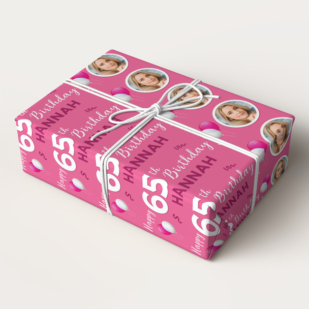 Personalised Wrapping Paper 65th Birthday Pink Photo For Her Custom Gift-Wrap