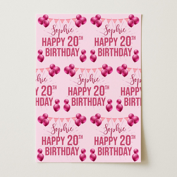 Personalised Wrapping Paper 20th Birthday Pink For Her Custom Gift Wrap