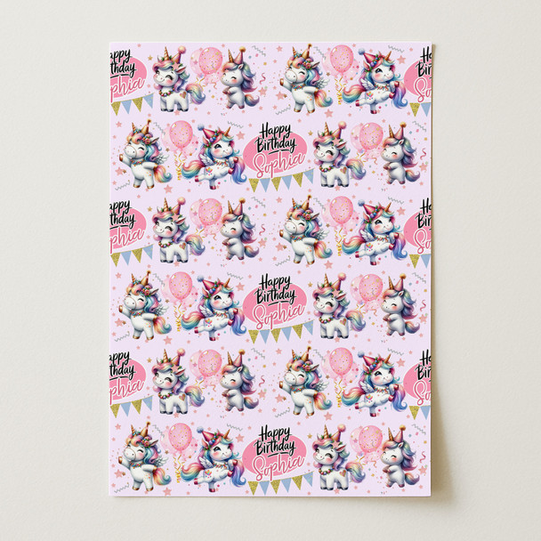 Personalised Wrapping Paper Kids Birthday Pink Unicorns Girls Custom Gift Wrap