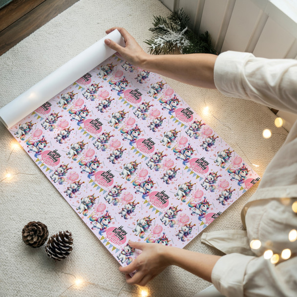 Personalised Wrapping Paper Kids Birthday Pink Unicorns Girls Custom Gift Wrap