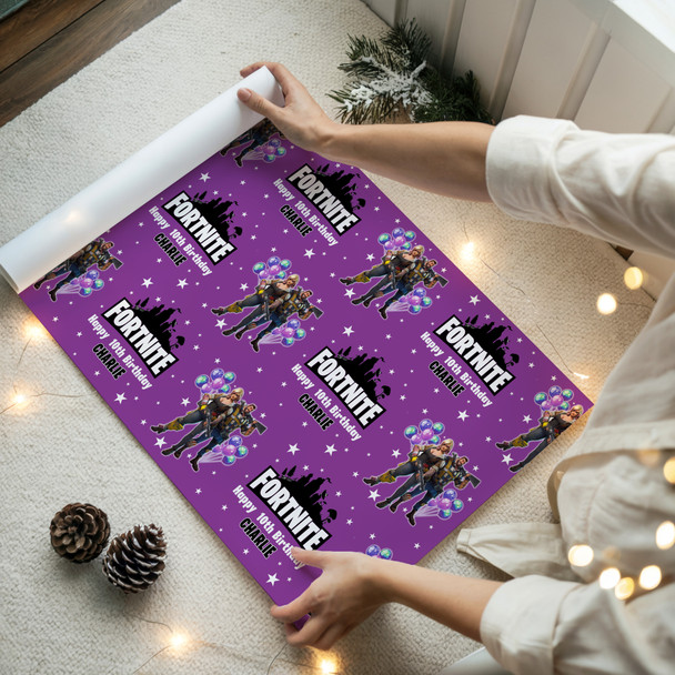 Personalised Wrapping Paper Kids Birthday Purple Fortnite Custom Gift-Wrap