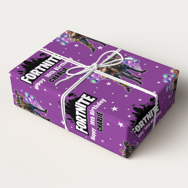 Personalised Wrapping Paper Kids Birthday Purple Fortnite Custom Gift-Wrap