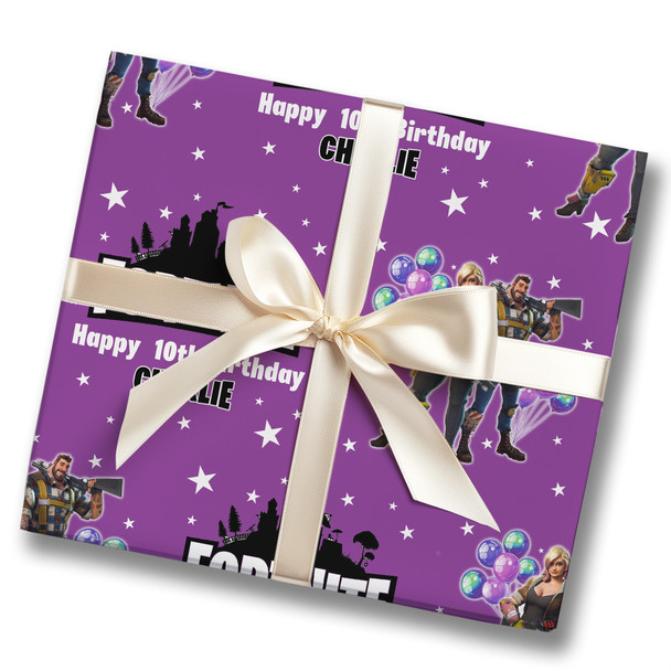 Personalised Wrapping Paper Kids Birthday Purple Fortnite Custom Gift-Wrap