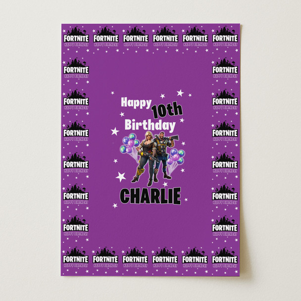 Personalised Wrapping Paper Birthday Purple Fortnite Kids Custom Gift Wrap