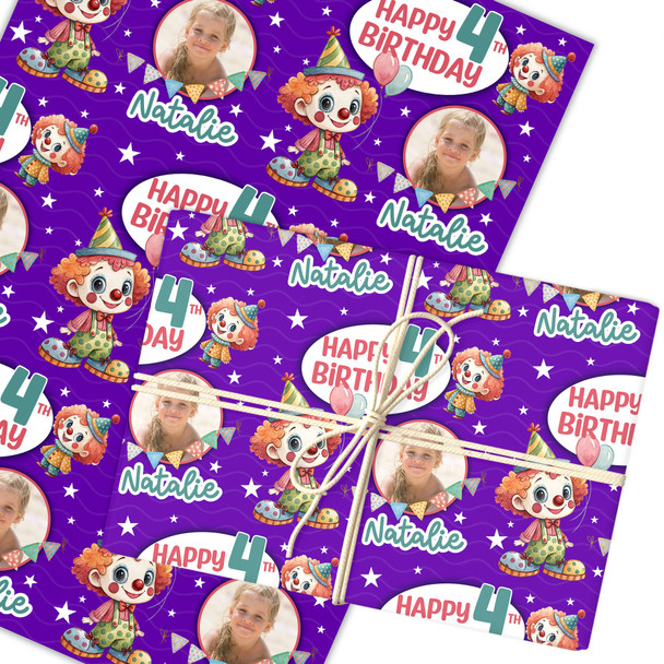 Personalised Wrapping Paper Kids Birthday Purple Photo Clowns Custom Gift Wrap