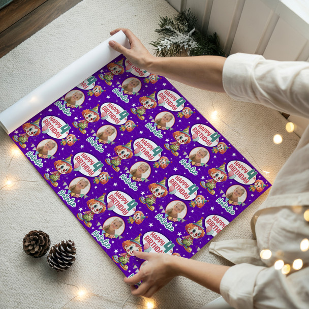 Personalised Wrapping Paper Kids Birthday Purple Photo Clowns Custom Gift Wrap