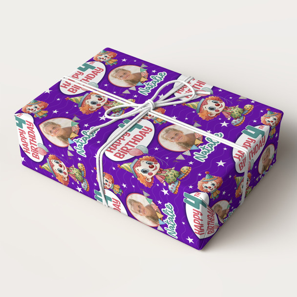 Personalised Wrapping Paper Kids Birthday Purple Photo Clowns Custom Gift Wrap