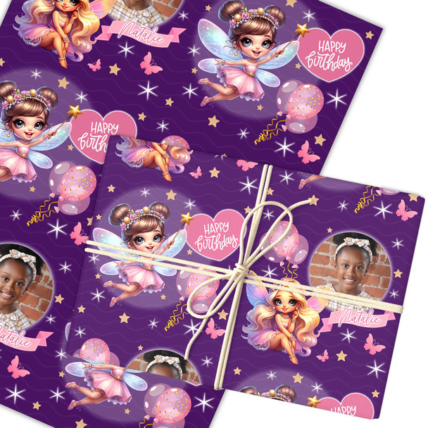 Personalised Wrapping Paper Kids Birthday Purple Photo Fairy's Custom Gift Wrap