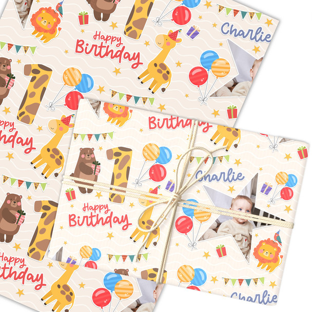 Personalised Wrapping Paper Kids Birthday Safari Animals Photo Custom Gift Wrap