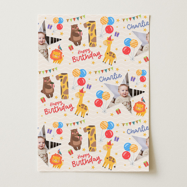 Personalised Wrapping Paper Kids Birthday Safari Animals Photo Custom Gift Wrap