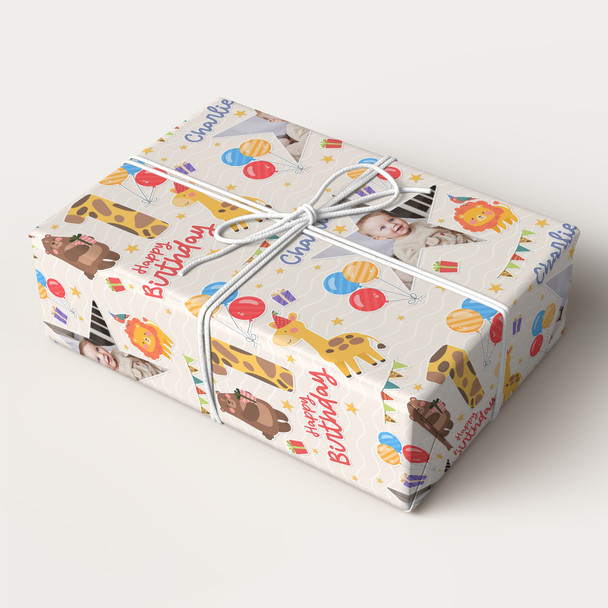Personalised Wrapping Paper Kids Birthday Safari Animals Photo Custom Gift Wrap