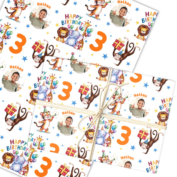 Personalised Wrapping Paper Kids Birthday Safari Animals White Custom Gift Wrap