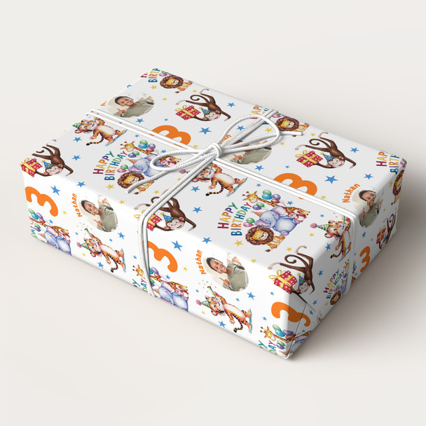 Personalised Wrapping Paper Kids Birthday Safari Animals White Custom Gift Wrap