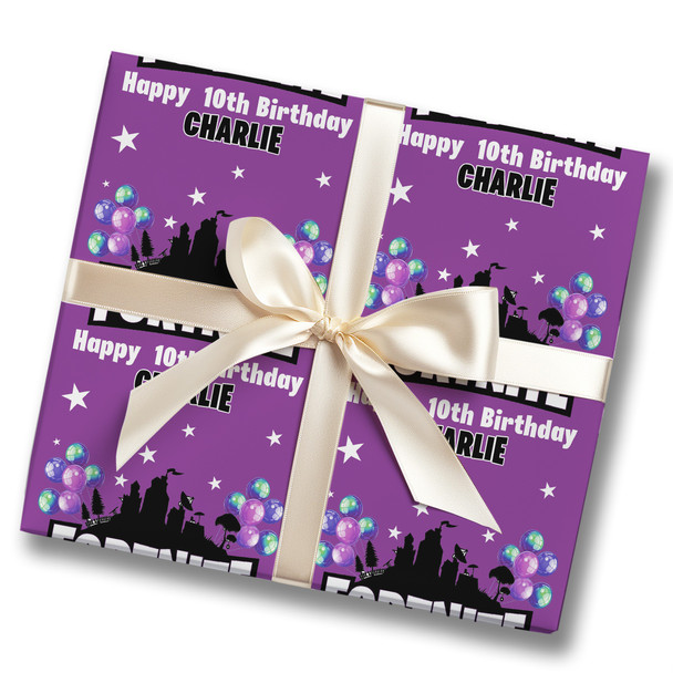 Personalised Wrapping Paper Kids Birthday Stars Fortnite Purple Custom Gift-Wrap