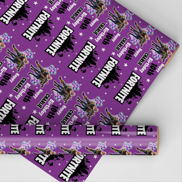 Personalised Wrapping Paper Kids Birthday Stars Fortnite Purple Custom Gift Wrap